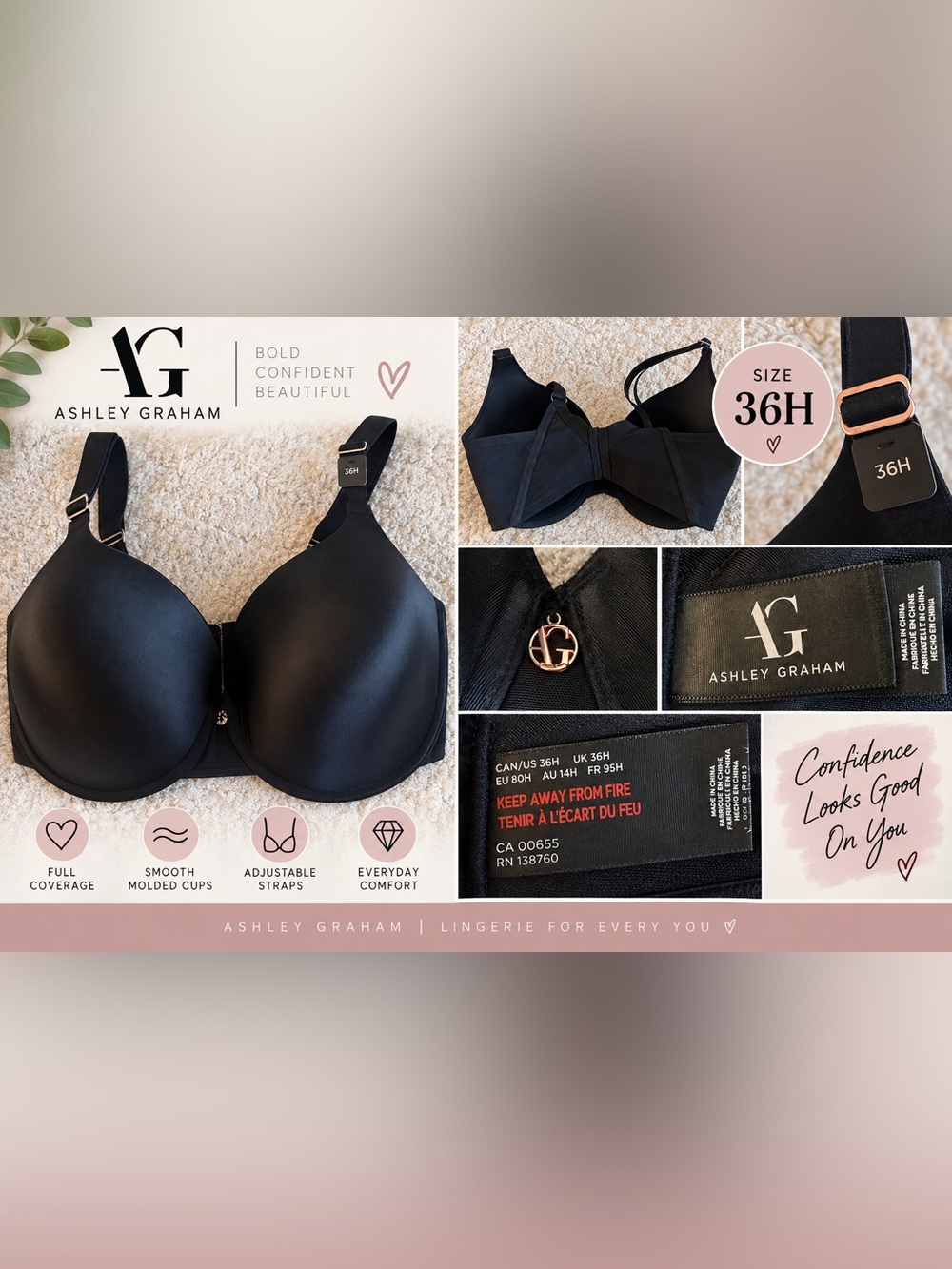 Ashley Graham Black Full-Coverage Smooth Moulded Bra - 36H